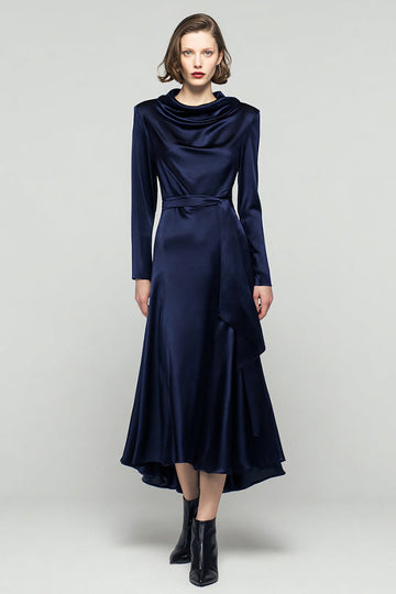 Robe de travail à manches longues à col bénitier bleu marine avec ceinture